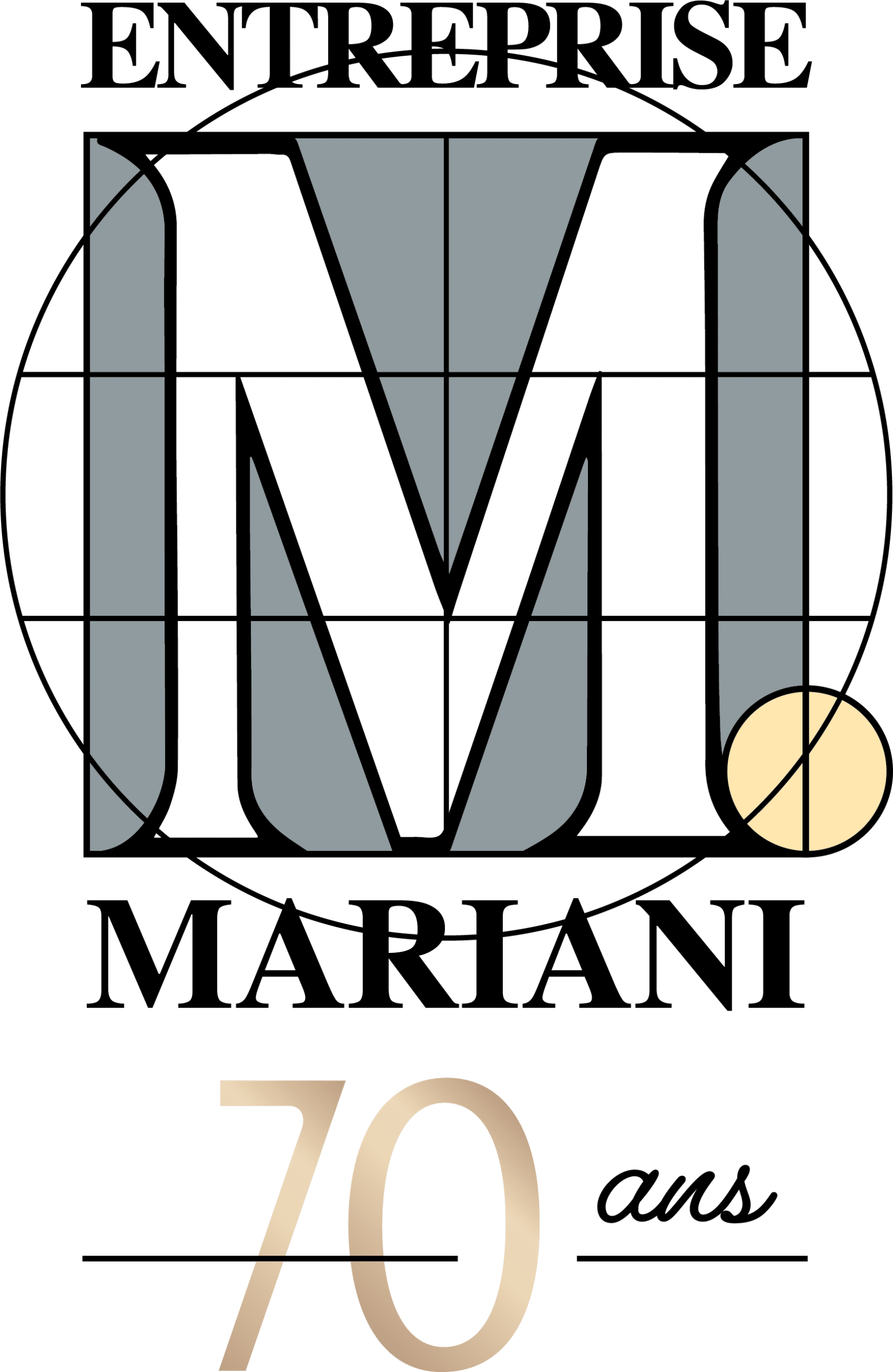 Logo anniversaire des 70 ans de Mariani BTP : grand M blanc sur trame grisée pierre, pastille dorée en bas droite.