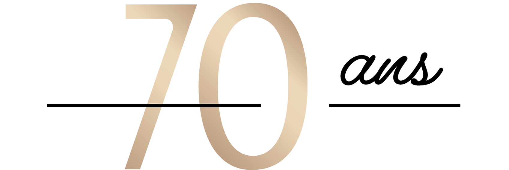 Inscription 70 ans en dégradé doré avec lettrage cursif noir et lignes soulignées, visuel élégant d’anniversaire.