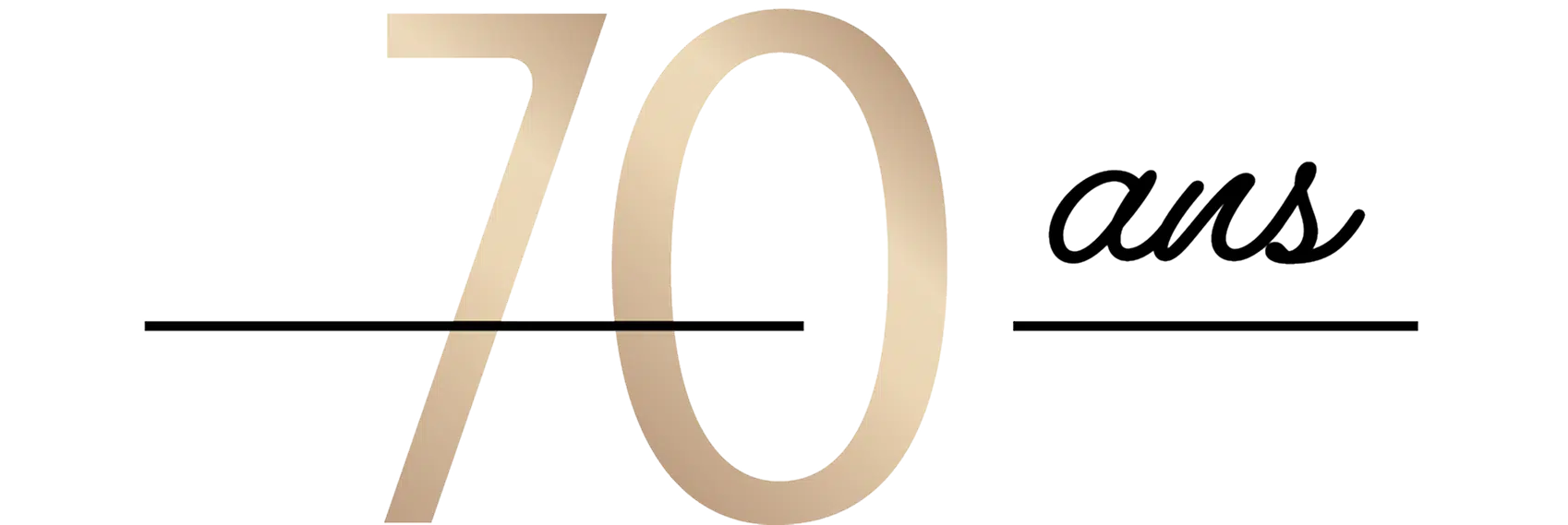 Inscription 70 ans en dégradé doré avec lettrage cursif noir et lignes soulignées, visuel élégant d’anniversaire.